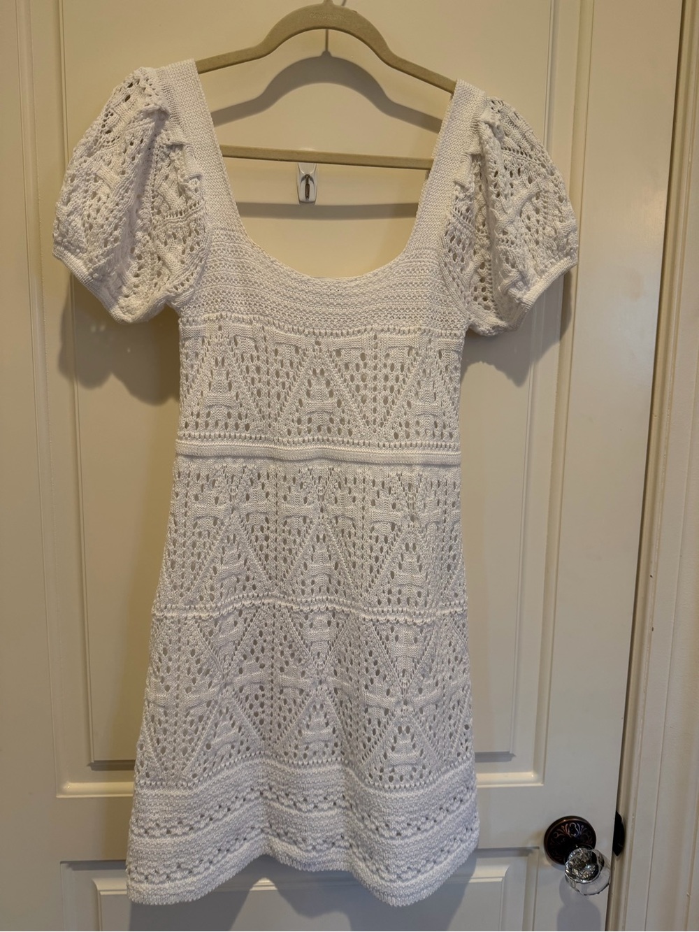 Zara White Crochet Mini Dress with Puff Sleeves